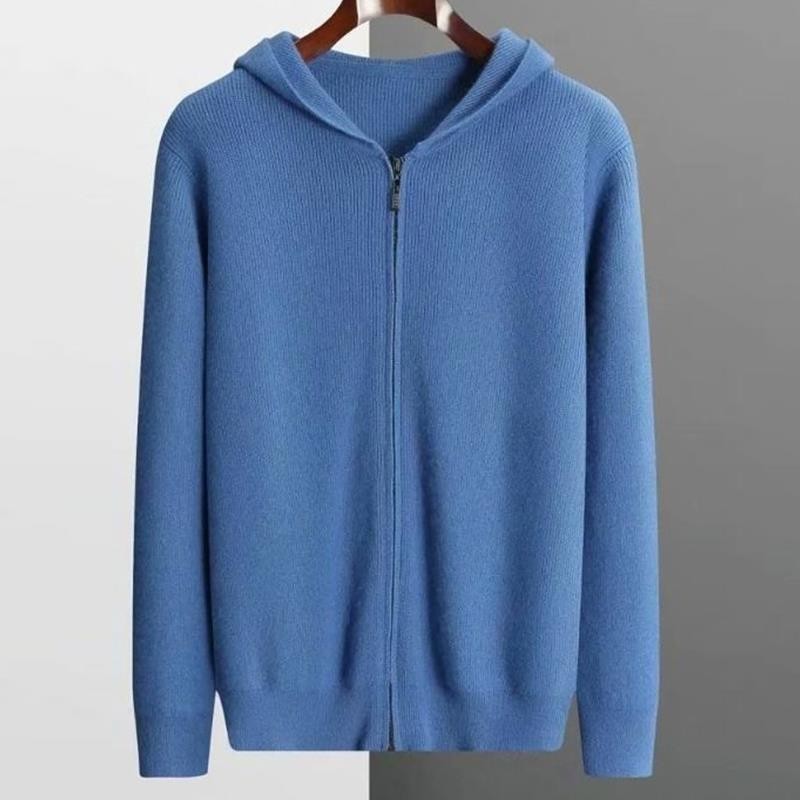 Stylish Men's Zippered Hooded Cardigan Sweater - BENJAMINS Light Blue / L