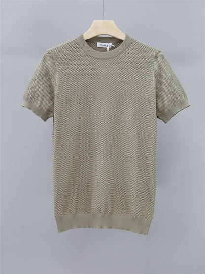 Summer Men's Ice Silk Knitted Round Neck T-shirt - BENJAMINS Camel Apricot / 2XL