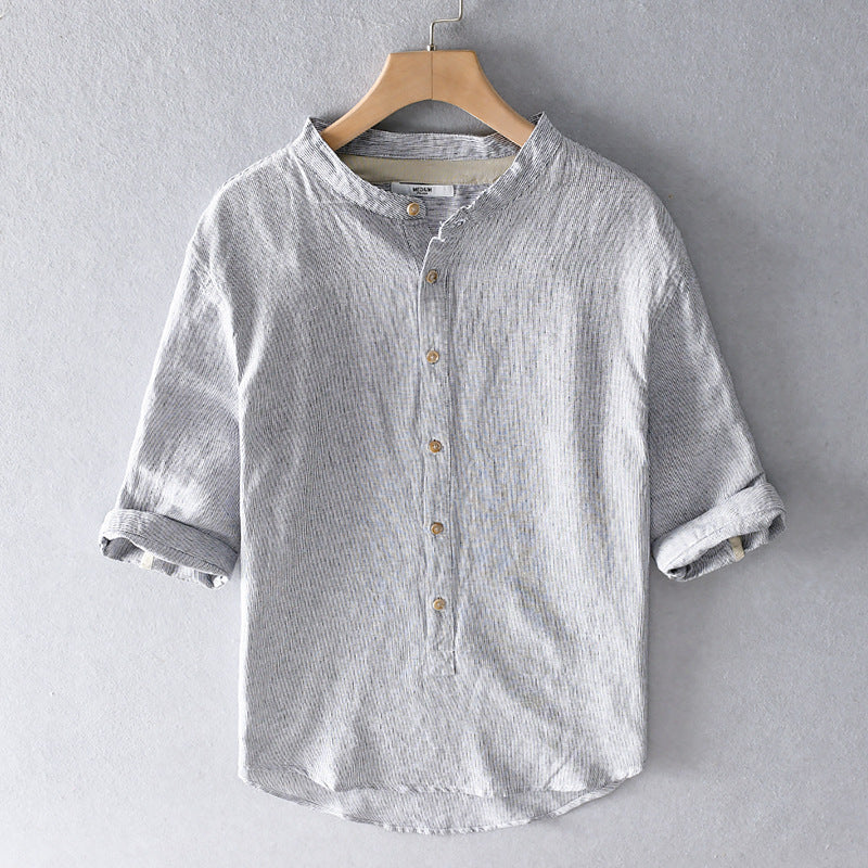 Summer Cropped Sleeves Cotton Linen Linen Shirt For Men - BENJAMINS Gray / 2XL