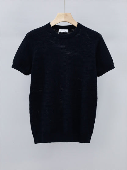 Summer Men's Ice Silk Knitted Round Neck T-shirt - BENJAMINS Black / 2XL