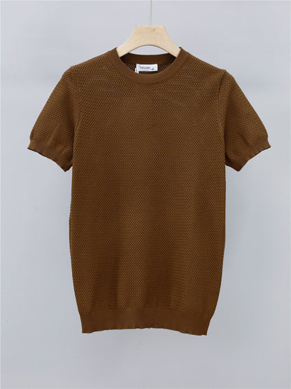 Summer Men's Ice Silk Knitted Round Neck T-shirt - BENJAMINS Coffee / 2XL